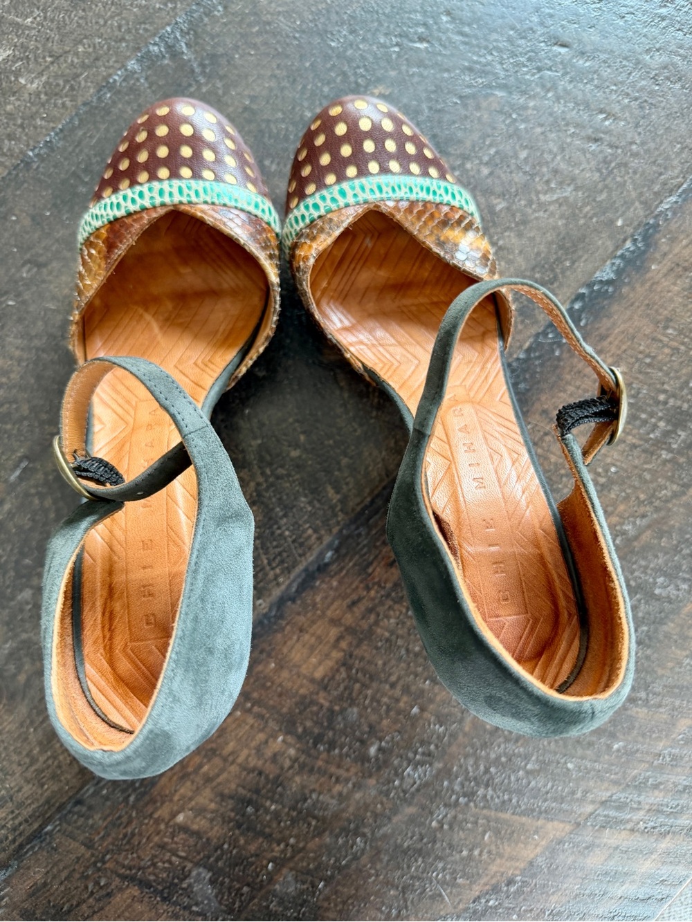 Chie Mihara Ankle Strap Platform Heels in Brown, Grey and Green - Picture 2 of 11